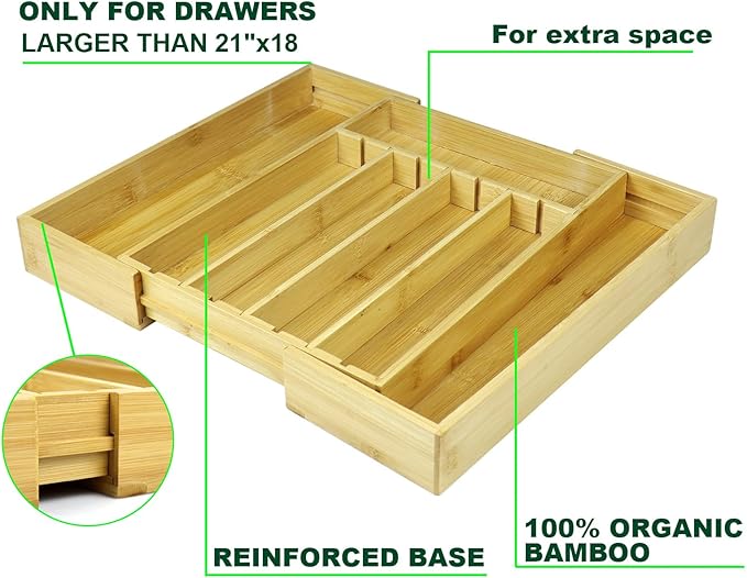 Kitchen Bamboo Silverware Drawer Organizer - Expandable Utensil Organizer for Flatware, Adjustable Cutlery & Knives. Ideal Utensil 7 Slots Total Drawer Organizer for Kitchen, Natural