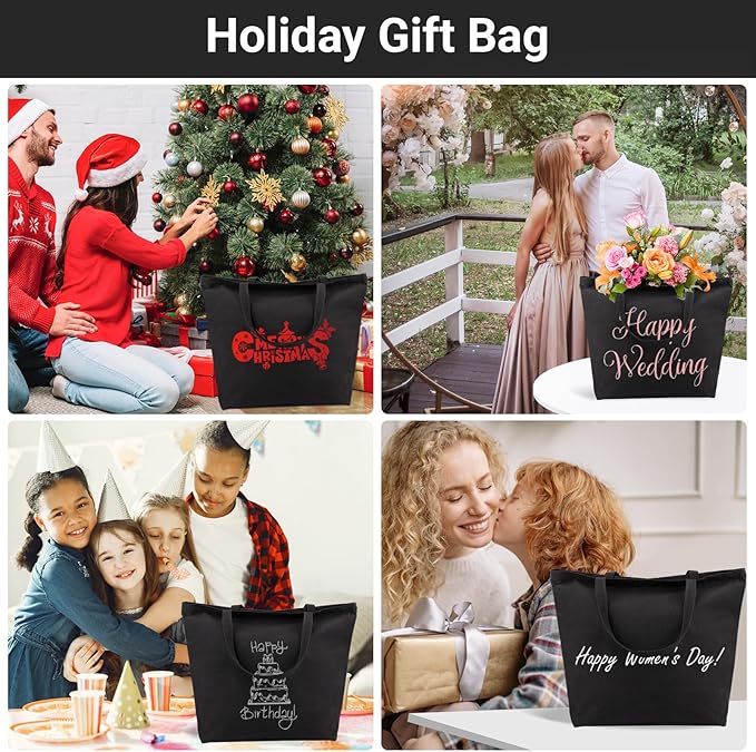 Segarty Canvas Tote, 3 Pack 20x15.7 Black Canvas Shopping Bags for Women, Reusable Natural Cotton Bag Aesthetic with Shoulder Strap, Bulk for DIY, Grocery Shopping, Beach, Travel,Gift