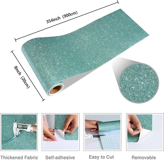 CRE8TIVE 8"x354" Light Teal Glitter Wallpaper Border Peel and Stick Wall Border