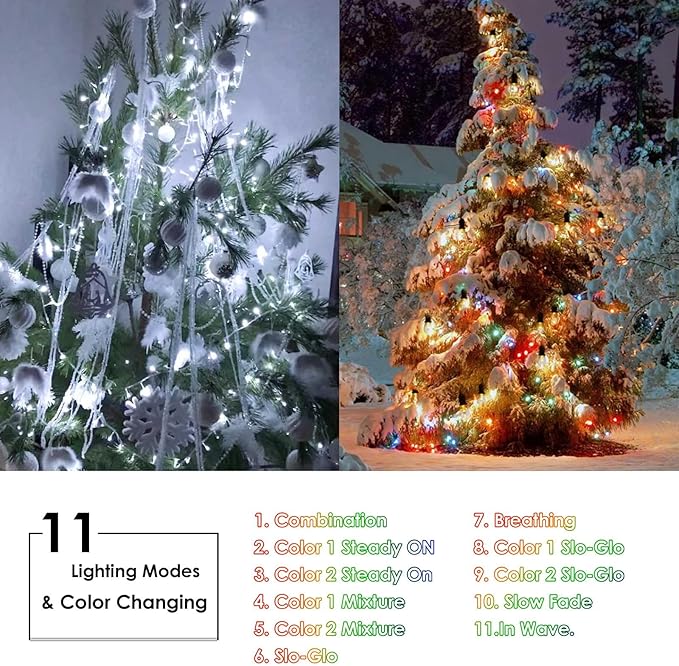 KAQ 300 LED 115FT Multicolor to Cool White Color Changing Christmas String Lights for Outdoor&Indoor, 11 Modes Christmas Tree Clear Wire Fairy Waterproof Lights with Memory Function & Remote & Timer