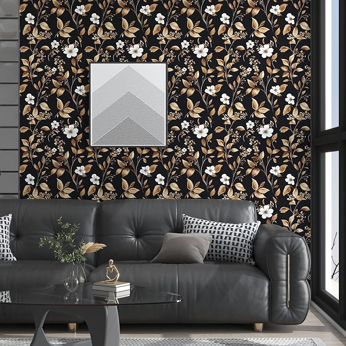 Extra Long Vintage Gold Wallpaper, 17.5" x 393" Classic Black and Gold Floral
