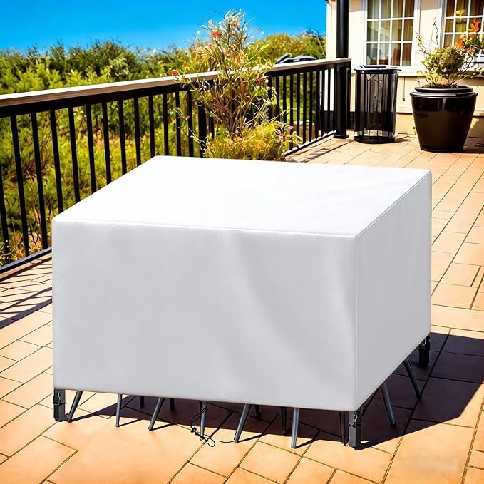 Patio Furniture Cover Rectangle 104"(L) x 56"(W) x 32"(H), Custom Heavy Duty 420D Waterproof Outdoor Cover with Drawstring & Buckles for Table Chair Garden, Silver
