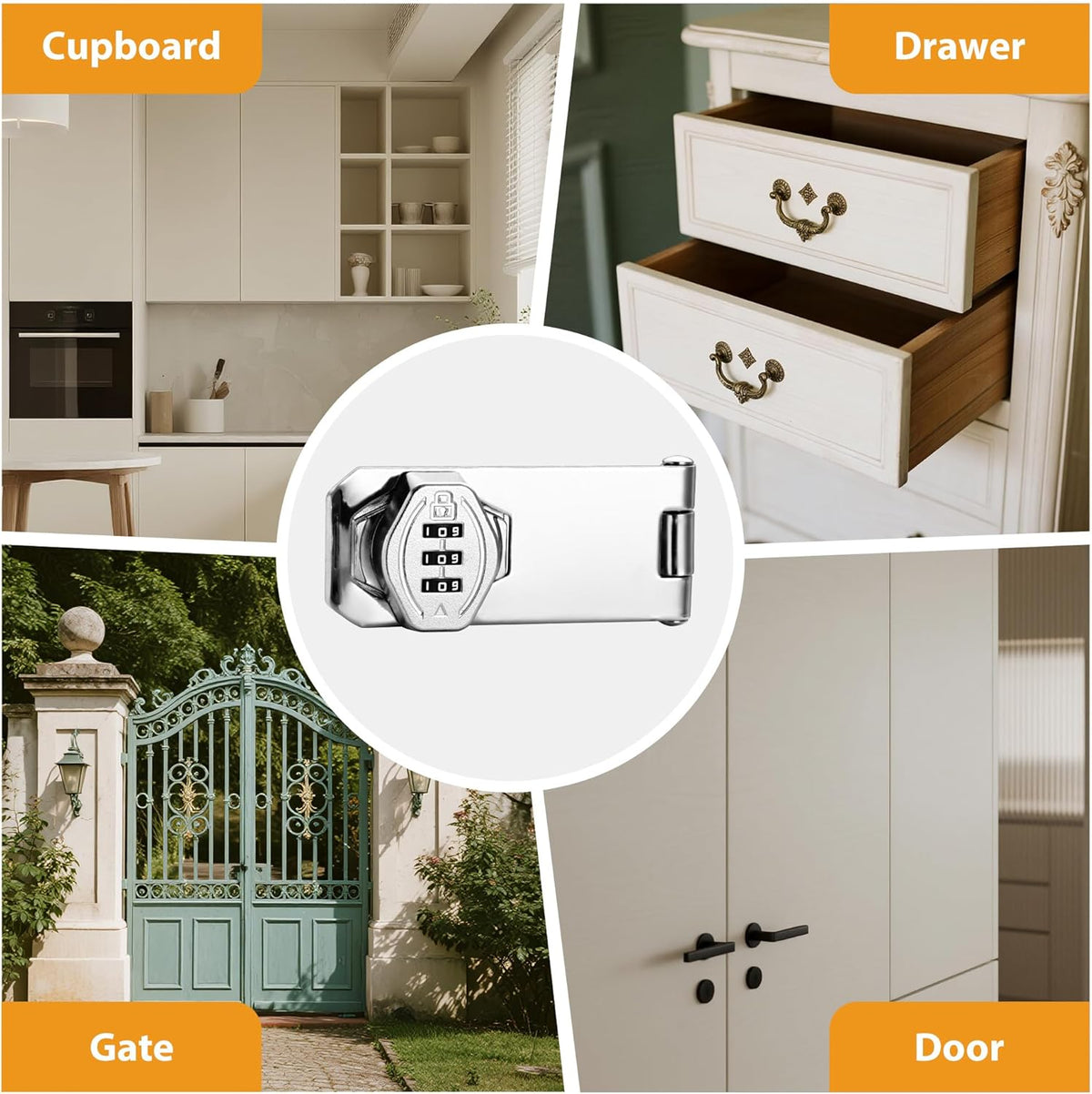 Cozy Tower 4 inch 180 Degrees Hasp Combination Lock for Cabinet, Combo Latch Lock for Cupboard, Drawer, Closet Door, Garage Fence Shed Door (Chrome, 2 Pack)
