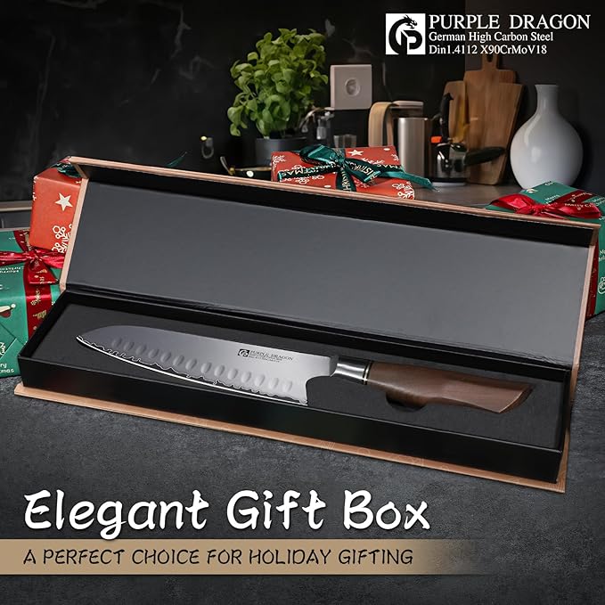 Purple Dragon Santoku Knife 7 Inch Japanese Chef Knife for Chopping Meat Cutting Vegetables, German Vg10 Steel Blade, Ergonomic Wooden Handle, Gift Box