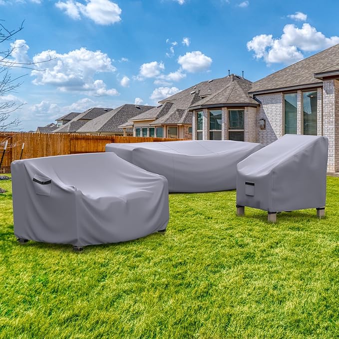 Patio Furniture Set Cover Waterproof, Heavy Duty Furniture Covers for Outdoor Sectional Sofa Set Wicker Rattan Table Chair Rectangular,118"L×57"W×28"H,Grey
