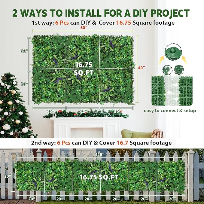 Artificial Boxwood Panel 20"x20" 6 Pieces, Faux Ivy Privacy Fence Screen
