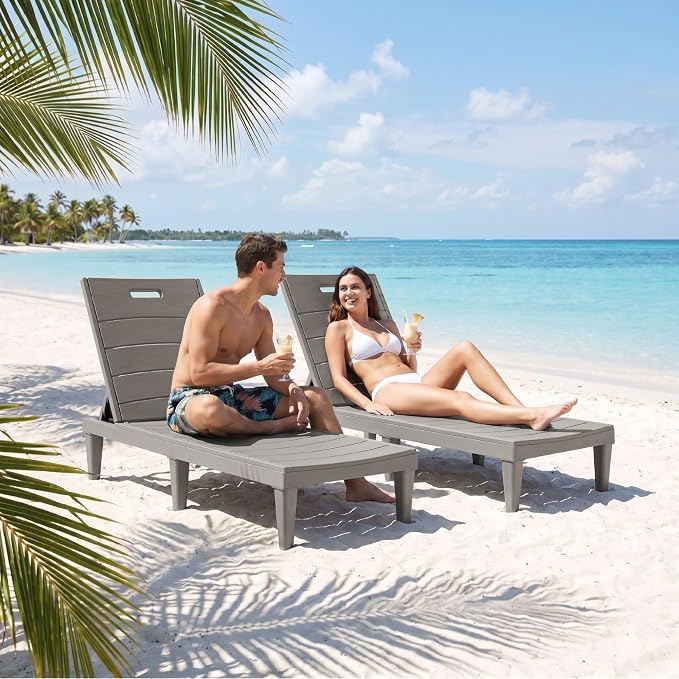 Greesum Outdoor Chaise Lounge Chairs Set of 4 with 5-Position Adjustable Backrest, Waterproof PP Sun Chaise Loungers for Garden Pool Beach Patio Deck Sunbathing, Light Coffee