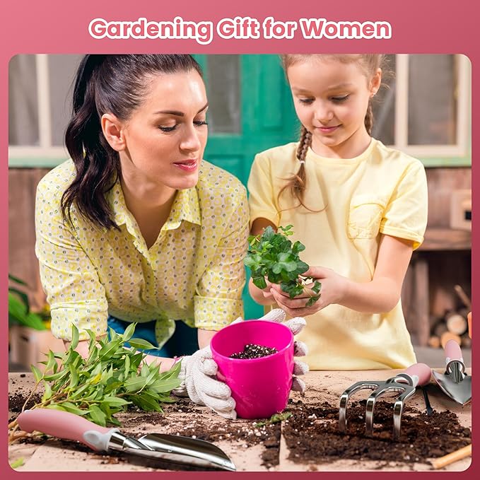Garden Tools, 8 Piece Gardening Tools with Bag, Heavy Duty Stainless Steel Garden Tools Set, Outdoor Hand Tools, Ideal Garden Tool Kit Gifts for Women Pink.