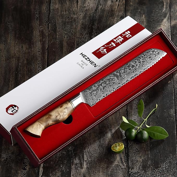 HEZHEN 8.3 Inch Serrated Bread Knife, Damascus Steel Cake Knife,High Carbon Steel Kitchen Knife, Wood Handle and Gift Box