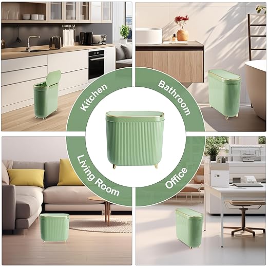 Bathroom Trash Can with Lid 3.2 Gallon Narrow Trash Can Small Plastic Trash Bin 12 Liter with Press Type Lid for Bedroom Bathroom, Mint Green