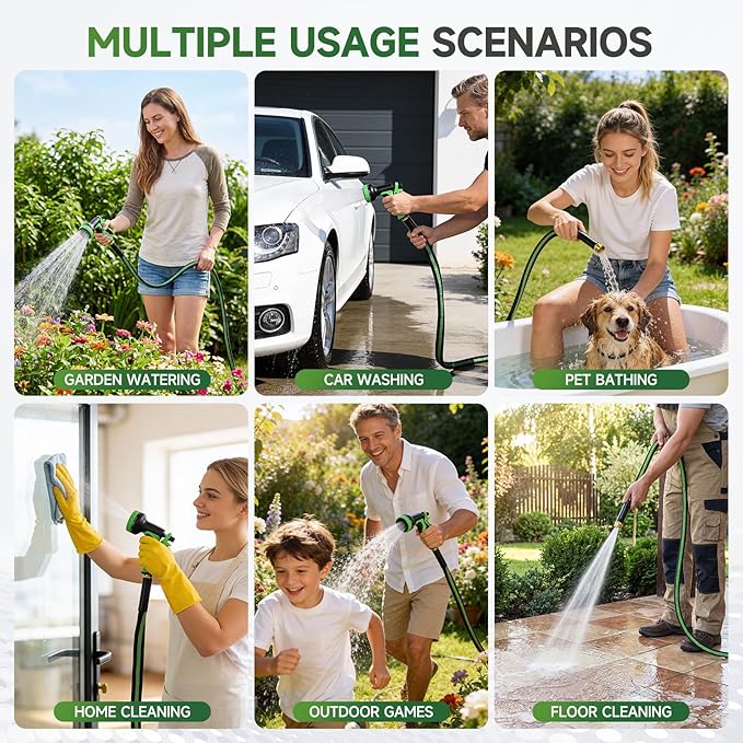 Garden Hose 50 ft Flexible Water Hoses Non-Expanding Lightweight Portable No Kink High Pressure Flat Fabric 3/4” fittings Leak-proof Durable Pipe for Outdoor Outside Yard Lawn Patio Watering Car Wash