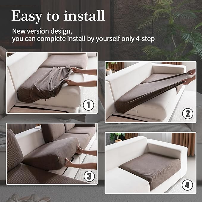 OHSIO Sectional Couch Covers, Wear Resistant Stretch Sofa Covers Washable Soft Couch Cushion Covers Anti Slip Furniture Protector Sofa Slipcovers for Pets (1 Piece Large Cover, Brown)