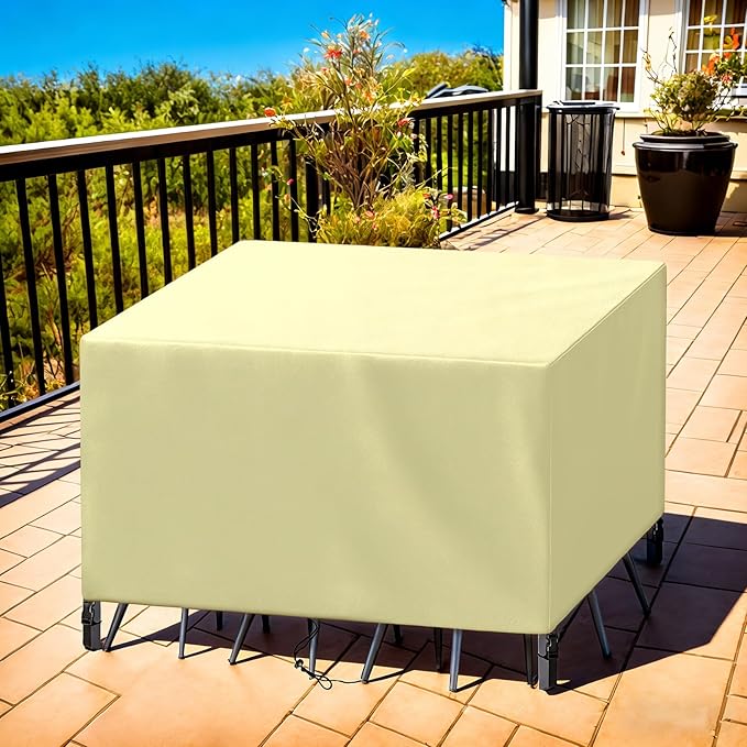 Patio Furniture Cover Rectangle 84"(L) x 32"(W) x 28"(H), Custom Heavy Duty 420D Waterproof Outdoor Cover with Drawstring & Buckles for Table Chair Garden, Cream