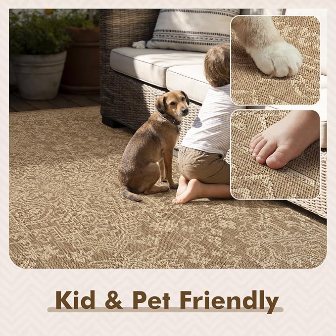 MontVoo-3x5 Outdoor Rug Porch Entryway Rug-Polypropylene Indoor Outdoor Rugs for Entryway Kitchen Balcony Patio, Textured Weave, Durable, Fade-Resistant, Non-Shedding, Vintage Neutral Brown