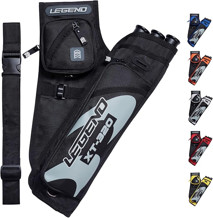 LEGEND XT320 Archery Quivers - Nylon Hip Quivers with 3 Arrow Tube Cases for Target Shooting - Adjustable Waist Belt, T-Slot, Storage Compartments for Accessories, Gear, Tools, Release Tab, Score Card