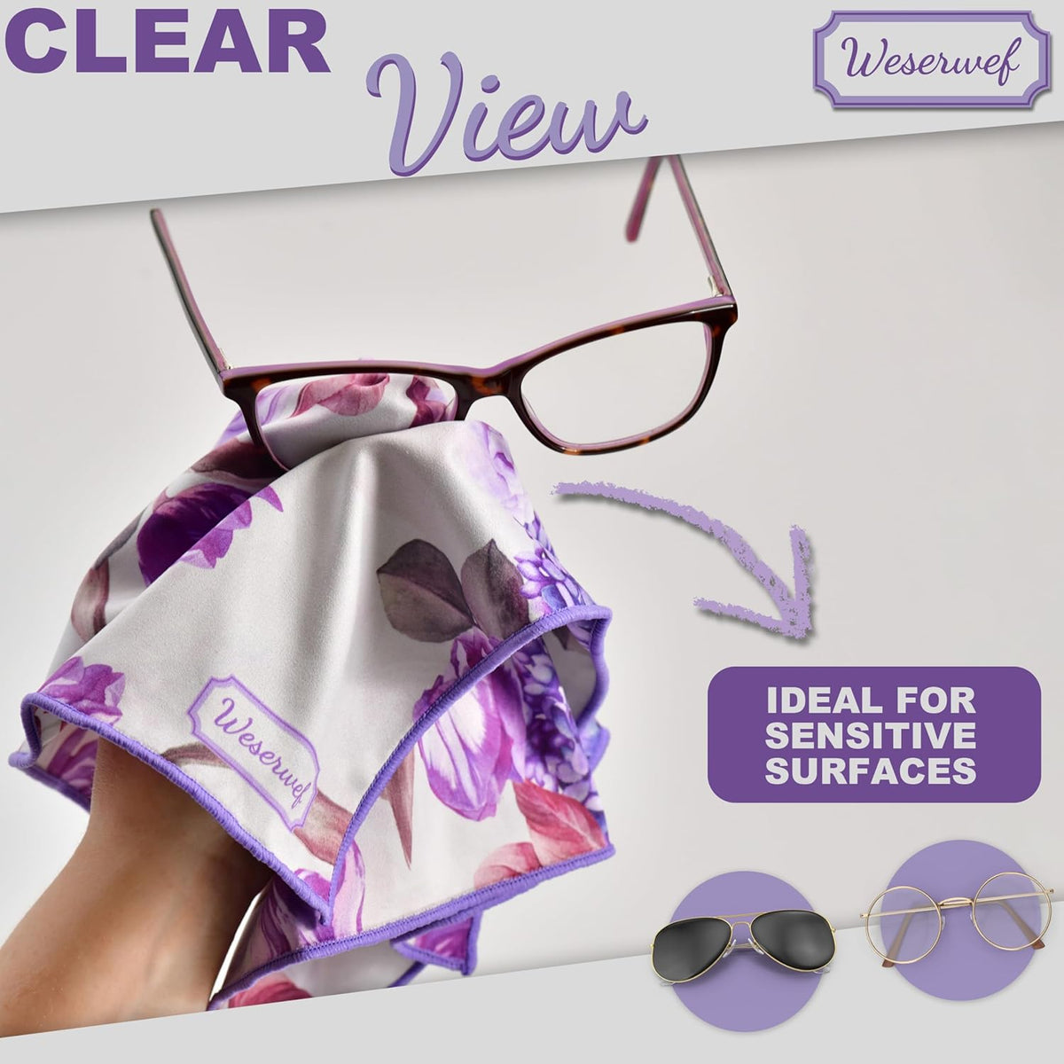 WESERWEF Design Microfiber Glasses Cleaning Cloth – Premium Cleaning Cloth for Eyeglasses, Screens, Tablets, Cameras & Lenses, 12" x 12", Ultra-Soft & Scratch-Free (Rose and Lilac)