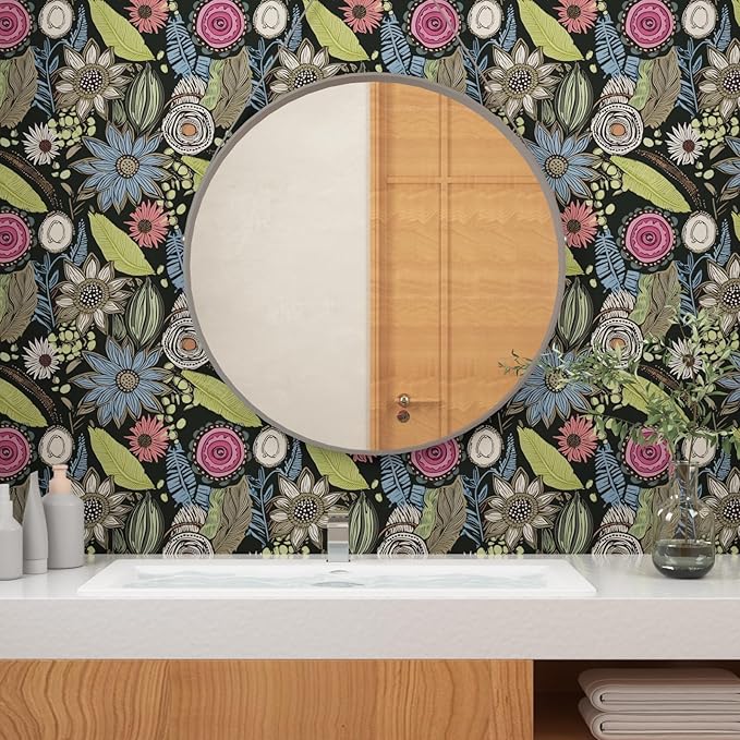 Dark Green Wallpaper Peel and Stick, Boho Vintage Floral Contact Paper