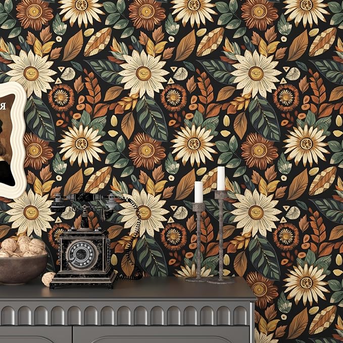 Boho Wallpaper Peel and Stick, Vintage Black Brown/Green Floral Contact Paper