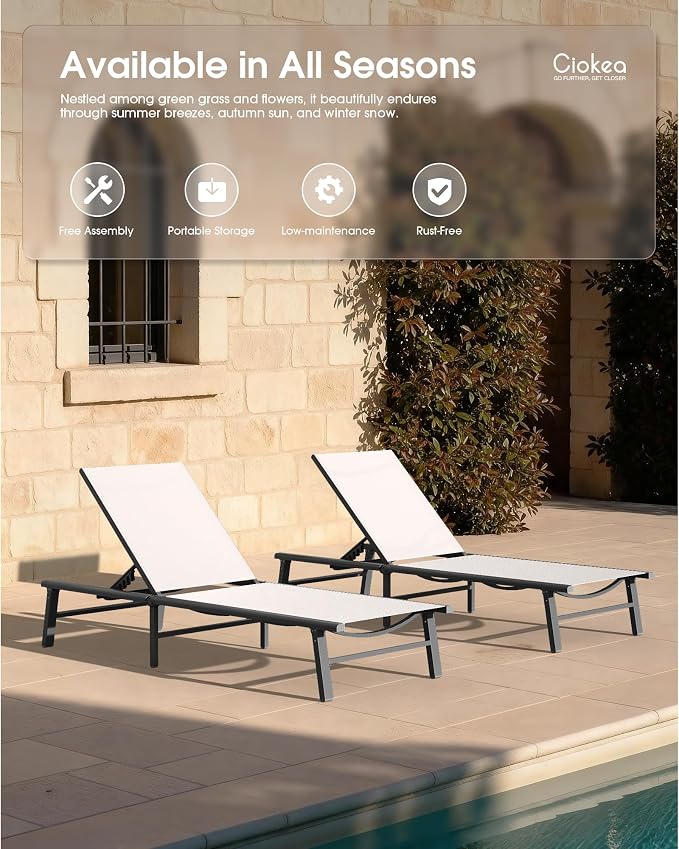 Ciokea Foldable Outdoor Lounge Chair Set of 4, No Assembly Aluminum Chaise Lounge Outdoor with 5-Positions, Aluminum Pool Lounge Chairs with Portable Design for Poolside, Beach, Deck, Patio, White