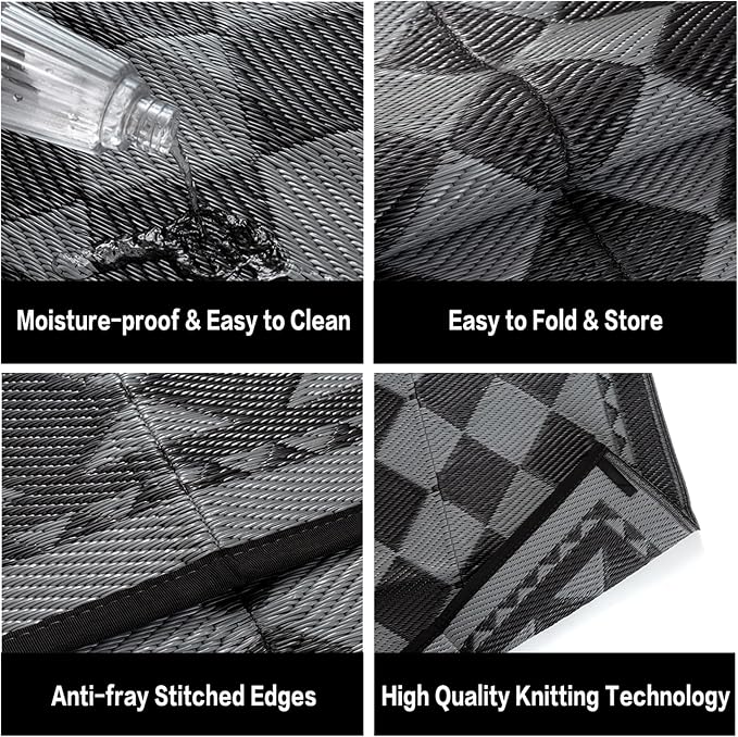 HUGEAR Outdoor Waterproof Rug 9'x12' Plastic Straw Rugs Washable Reversible Floor Mat Black/Grey Plaid Carpet for Camping RV Deck Entryance Porch Picnic Balcony Beach Backyard