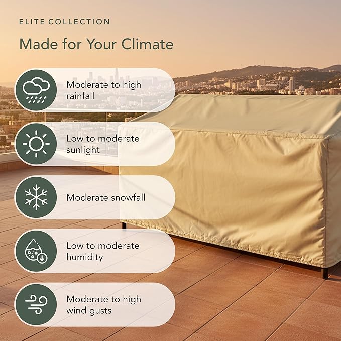 Covermates Elite Outdoor Patio Sofa Cover – Water-Resistant 300D Polyester, Double-Stitched Seams, Elastic Hem, Auto-Locking Drawcord & Mesh Vent for Moderate Weather, 64W x 34D x 30H, Khaki