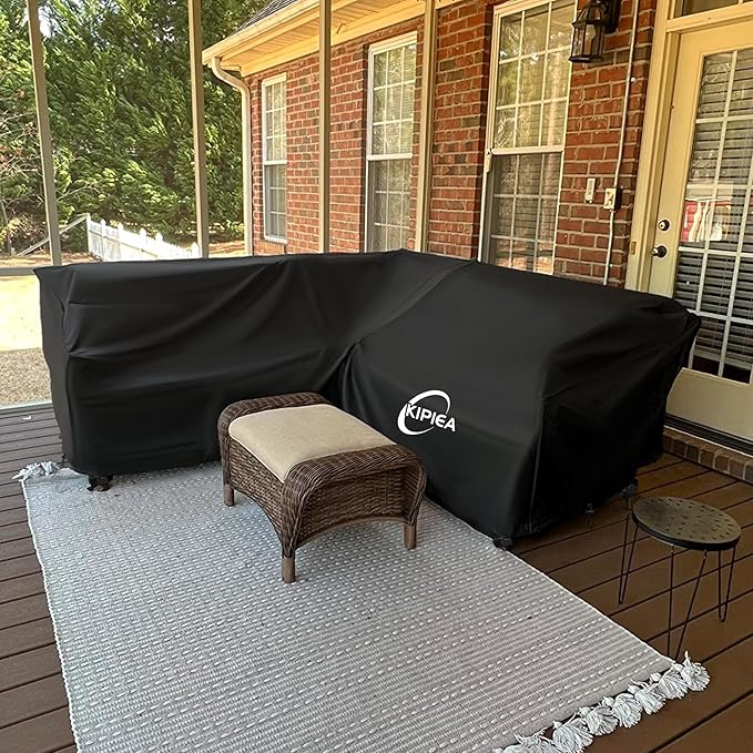 Kipiea Patio V-Shaped Sectional Sofa Cover, 420D Heavy-Duty Oxford Fabric Outdoor Sectional Cover with 6 Windproof Buckles, Anti UV and No Tears, No Fading (89" x 89"L x 33.5"D x 31"H)Black