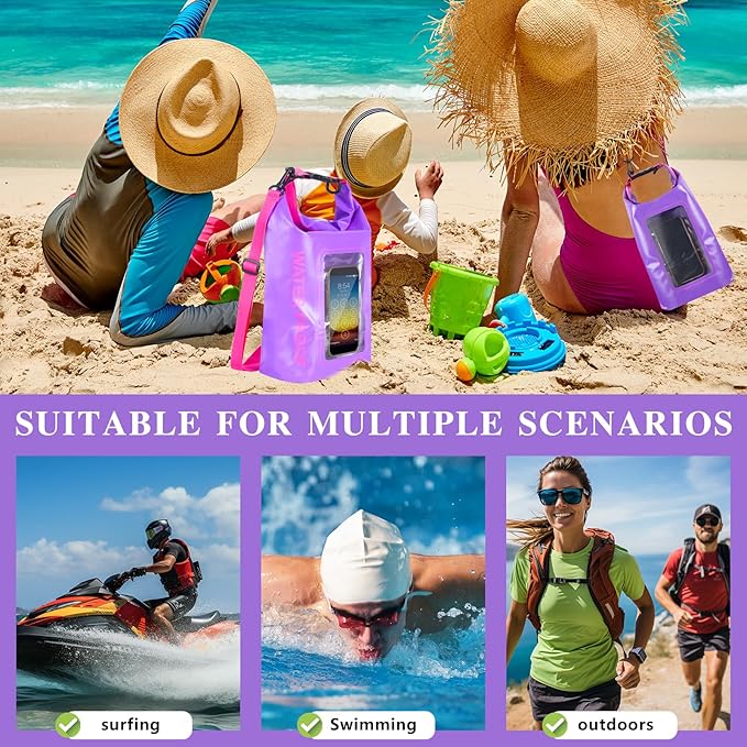 IP68 Waterproof Dry Bag, 2L - Roll Top Waterproof Pool Bag,Dry Bags for Kayaking Waterproof-w/Phone Pouch,Large Waterproof Phone Pouch,Boating & Kayak Accessories Camping (Purple 5L)