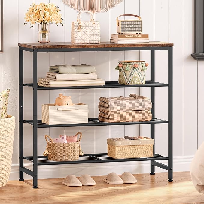 usikey 4-Tier Shoe Rack, Industrial Shoe Storage Organizer for 9-12 Pairs of Shoes, Metal Shoe Shelf with Wooden Top, Shoe Stand with 3 Metal Shelves for Entryway, Hallway, Closet, Rustic Brown