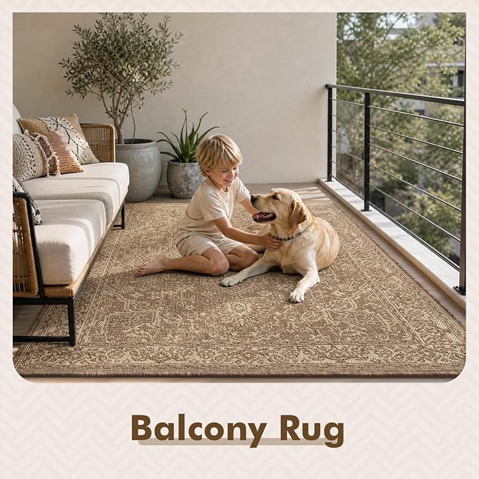 MontVoo-Outdoor Rug-Patio Rug 8x10 Polypropylene Indoor Outdoor Rugs Carpet for Patio Deck Balcony Porch, Textured Weave, Durable for High Traffic, Fade-Resistant, Vintage Medallion Neutral Brown