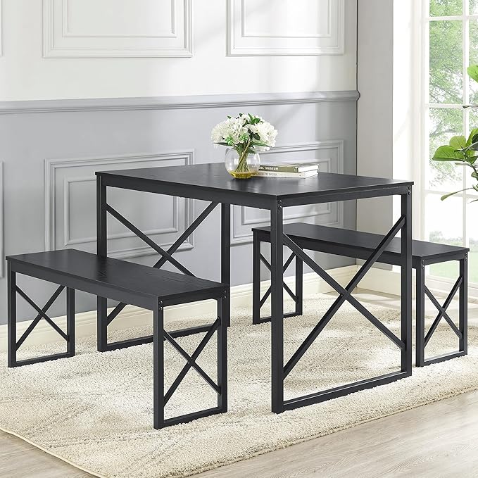 VECELO Kitchen Table with 2 Benches for 4, Wood Dining Room Dinette Sets with Metal Frame for Breakfast Nook and Small Space, Black