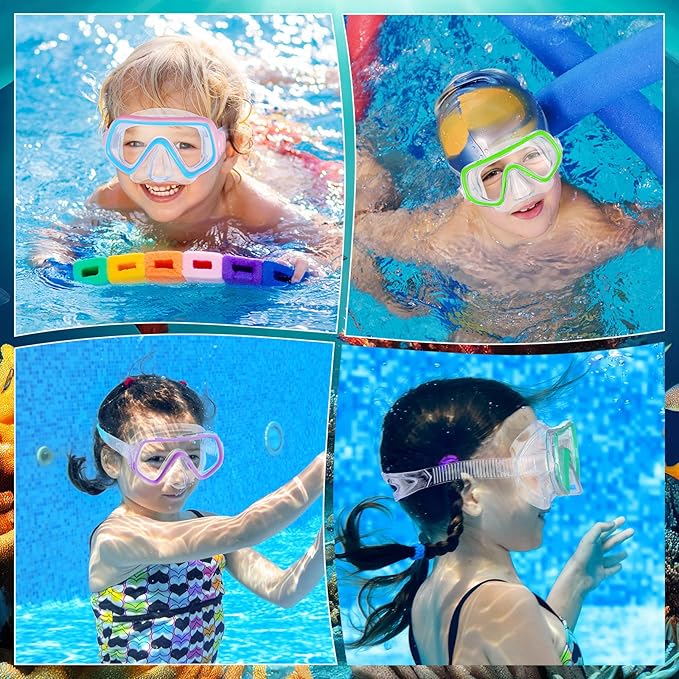 Hoolerry 4 Pcs Kids Nose Goggles Swim Goggles with Nose Cover for 3-8 Tempered Glass Snorkel Dive Mask Anti Fog with Elastic Strap No Leak Swimming Mask for Summer Diving Snorkeling