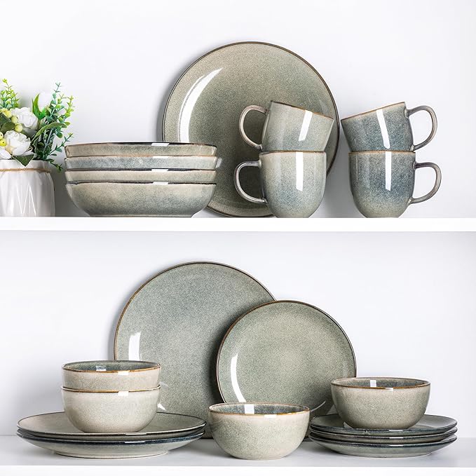 AmorArc Ceramic Dinnerware Sets for 8, 24 Pieces Handpainted Stoneware Plates and Bowls Set, Scratch Resistant Dishes Set, Dishwasher & Microwave Safe, Reactive Color