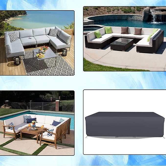 Covers & All Patio Sectional Sofa Set Cover 160 GSM PVC Emboss Fabric Outdoor Furniture Table and Chair Set Cover with Drawstring for Snug Fit (136" W x 74" D x 28" H, Grey)