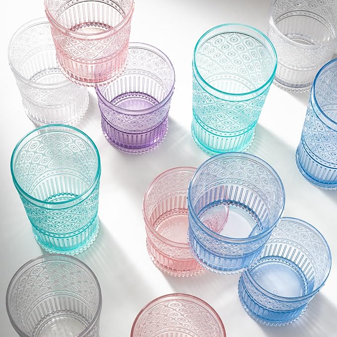 Godinger Highball Drinking Glasses, Acrylic Drinking Glasses Set, Elegant Tall Plastic Cups, Vintage Romantic Decor - Set of 4, Lavender