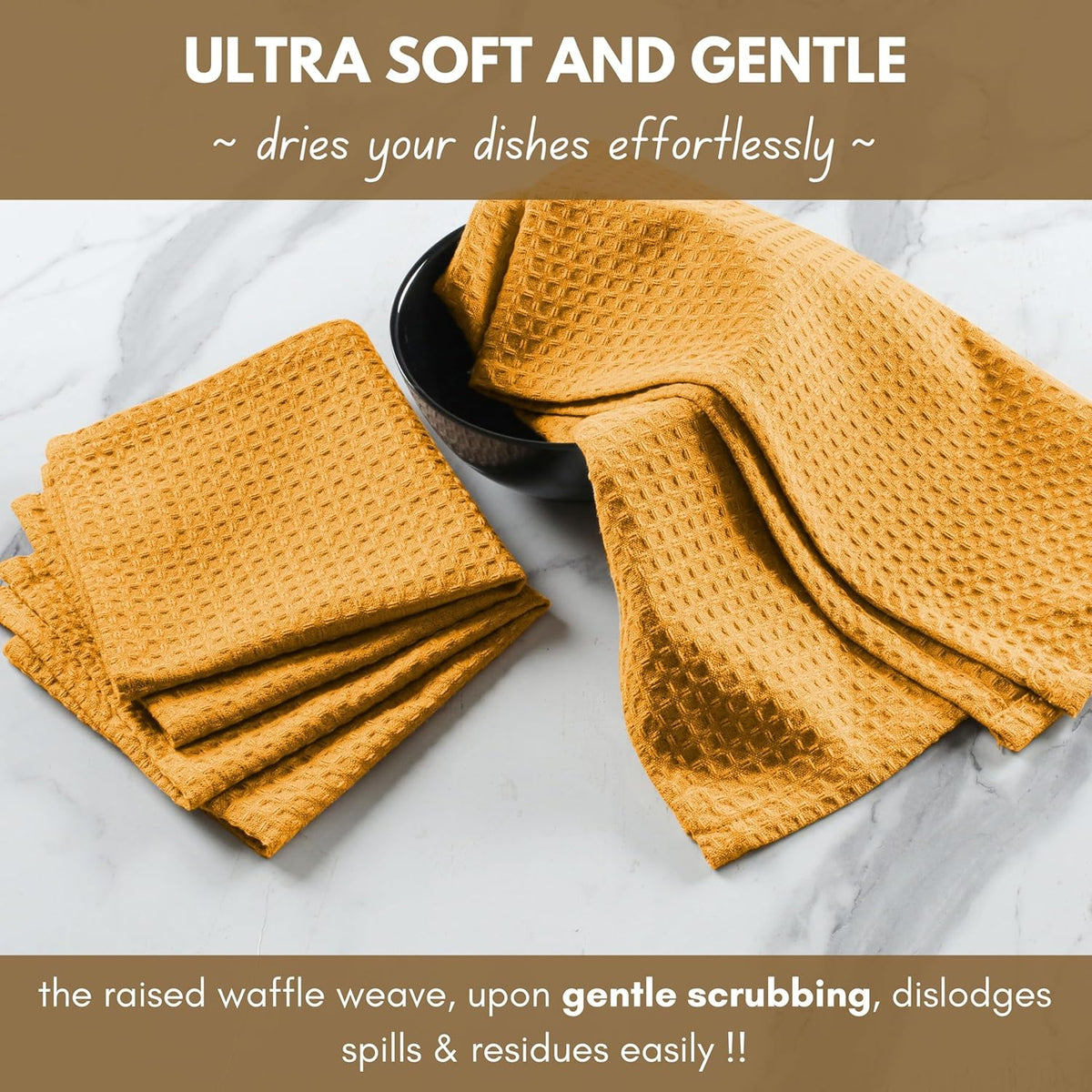 Native Fab Cotton Kitchen Towel with Hanging Loop 16x26 inches, 12-Pack, Waffle Weave Kitchen Towels for Cleaning Drying, Washcloths Soft & Absorbent Cloth Rags, Bar Towel, Dish Cloth, Mustard Yellow