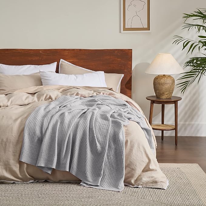 Bedsure 100% Cotton Blanket King Size for Bed - Breathable and Soft, Waffle Weave Blanket for Summer, Thick Cozy Fall Blankets for Women Gift, Grey, 104x90 inches