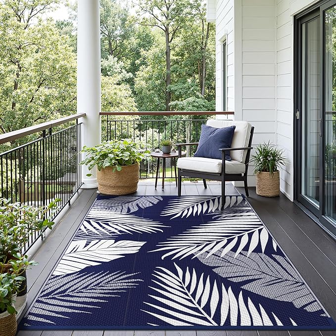 Outdoor Rug 9’x12’ Waterproof for Patio Clearance, Reversible Indoor Outdoor Plastic Straw Camping Rug Carpet, RV Mat, Large Area Rug for Deck, Backyard, Balcony, Porch, Beach, Blue & White