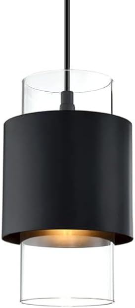 1 Light Hanging Indoor Kitchen Island Pendant Light 6" Drum Glass Shade Pendant Ceiling Light Fixtures Modern Farmhouse Dinning Over Sink (Black Finish, 1 Pack)
