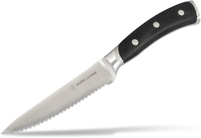 4-Piece Serrated Kitchen Steak Knife Set – Forged High Carbon Stainless Steel, Ultra Sharp, Ergonomic Black Handles, Durable Dinner Knives, Black Handle