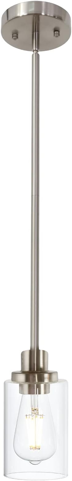 Modern Clear Glass Pendant Light in Brushed Nickel, Single Hanging Pendant Lighting for Farmhouse Entryway Dining Room Kitchen Island Foyer