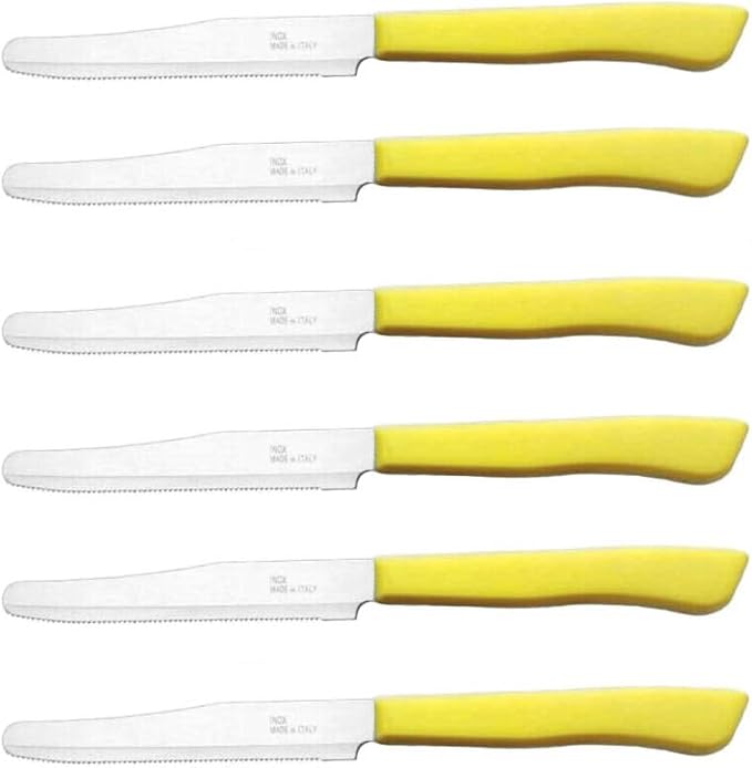 Tredoni 6 kitchen Knives - 4.3"/11cm Italian Stainless Steel Serrated Vegetable/Steak/Table Knife Cutlery, Rounded Tip (Yellow)