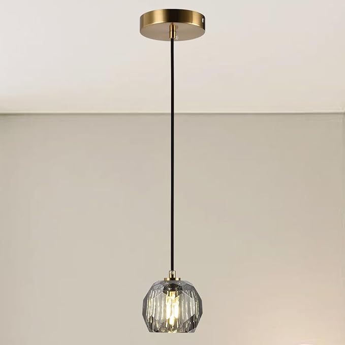 Crystal Pendant Light, Smoke Crystal Pendant Light Fixture Kitchen Island, Small Prism Pendant Hanging Lighting Fixture for Dining Room Bedroom
