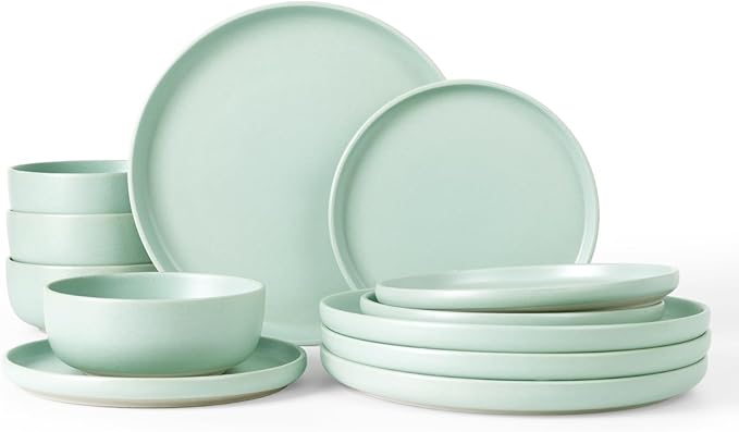 Famiware Milkyway Plates and Bowls Sets, 12 Pieces Dinnerware Sets, Reactive Glaze Dish Set, Stoneware Dishes Set for 4, Light Green