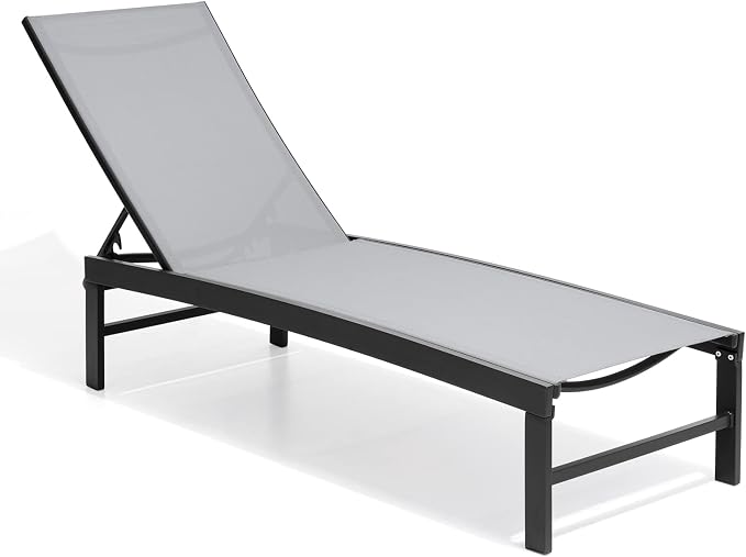 Crestlive Products Outdoor Lounge Chairs, Aluminum Pool Chaise Lounge Chairs, Adjustable Five-Position Tanning Recliner, All Weather for Patio, Beach, Yard, Pool (1PC Light Gray)