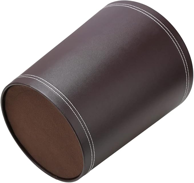 KINGFOM Classic Pu Leather Trash Can Wastebasket, Garbage Container Can for Bathrooms, Powder Rooms, Kitchens, Home, Office and and High Class Hotel Round Brown