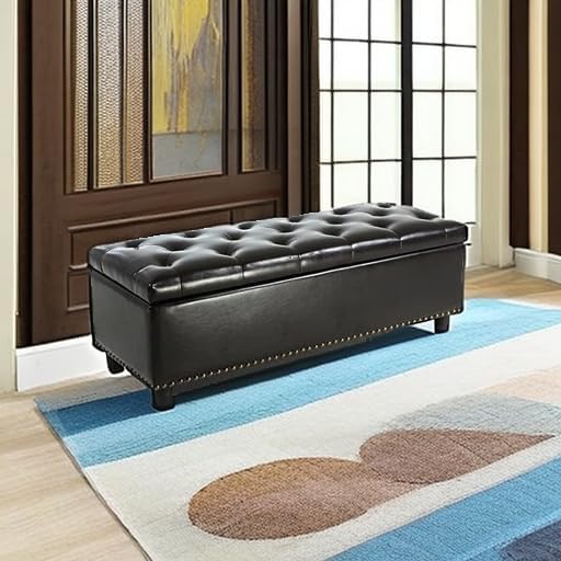 BELLEZE 47" Storage Ottoman, Storage Bench with Safety Close Hinge, Faux Leather Button-Tufted Ottoman for Living Room, Entryway, Hallway, Foot Rest, Support 300lbs - Dark Brown