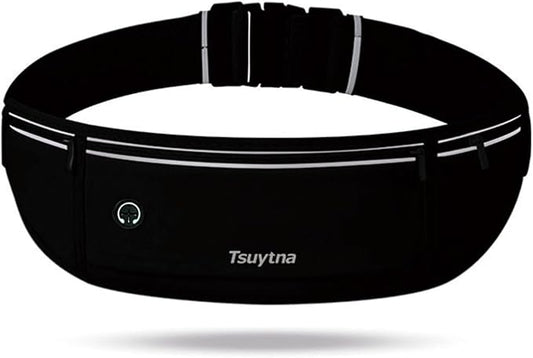 Running Belt for Women & Men - Slim Phone running belt with Water-Resistant Phone Holder, 3 pockets Adjustable Waist Strap, Reflective Safety Design for Running, Hiking, Travel，Fitness(Black)