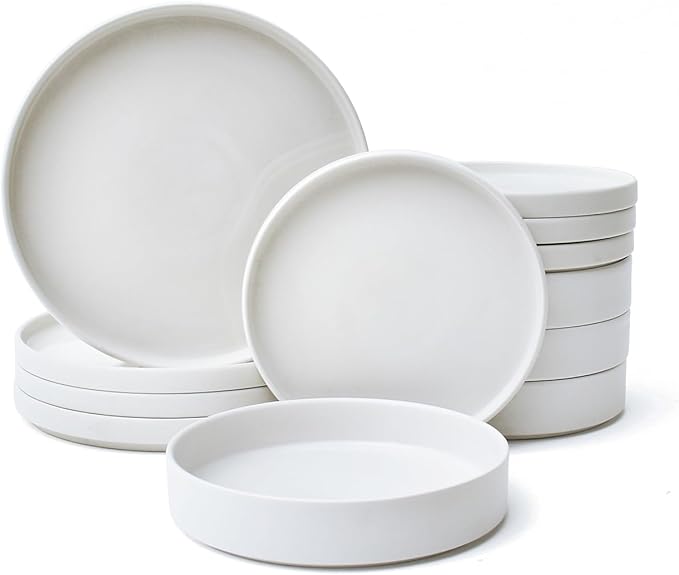 222 Fifth Kaden 12-Piece Modern White Porcelain Dinnerware Set – Service for 4, Plate & Bowl Set, Contemporary Design, for Everyday Dining & Entertainment, Microwave & Dishwasher Safe