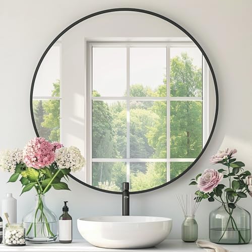 Black Round Mirror, 28 Inch Black Circle Mirror, Metal Frame Round Wall Mounted