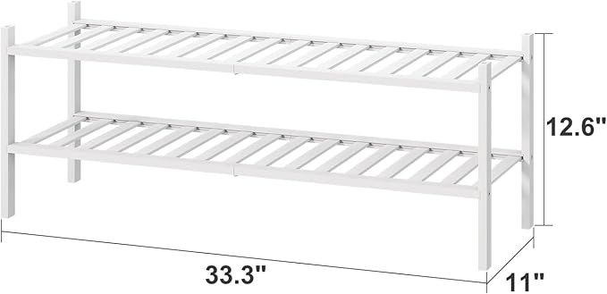 Long Shoe Rack for Entryway,Shoe Organizer for Hallway Closet, Bamboo Wood Shoe Racks for Indoor Outdoor (White, 2-Tier Long)